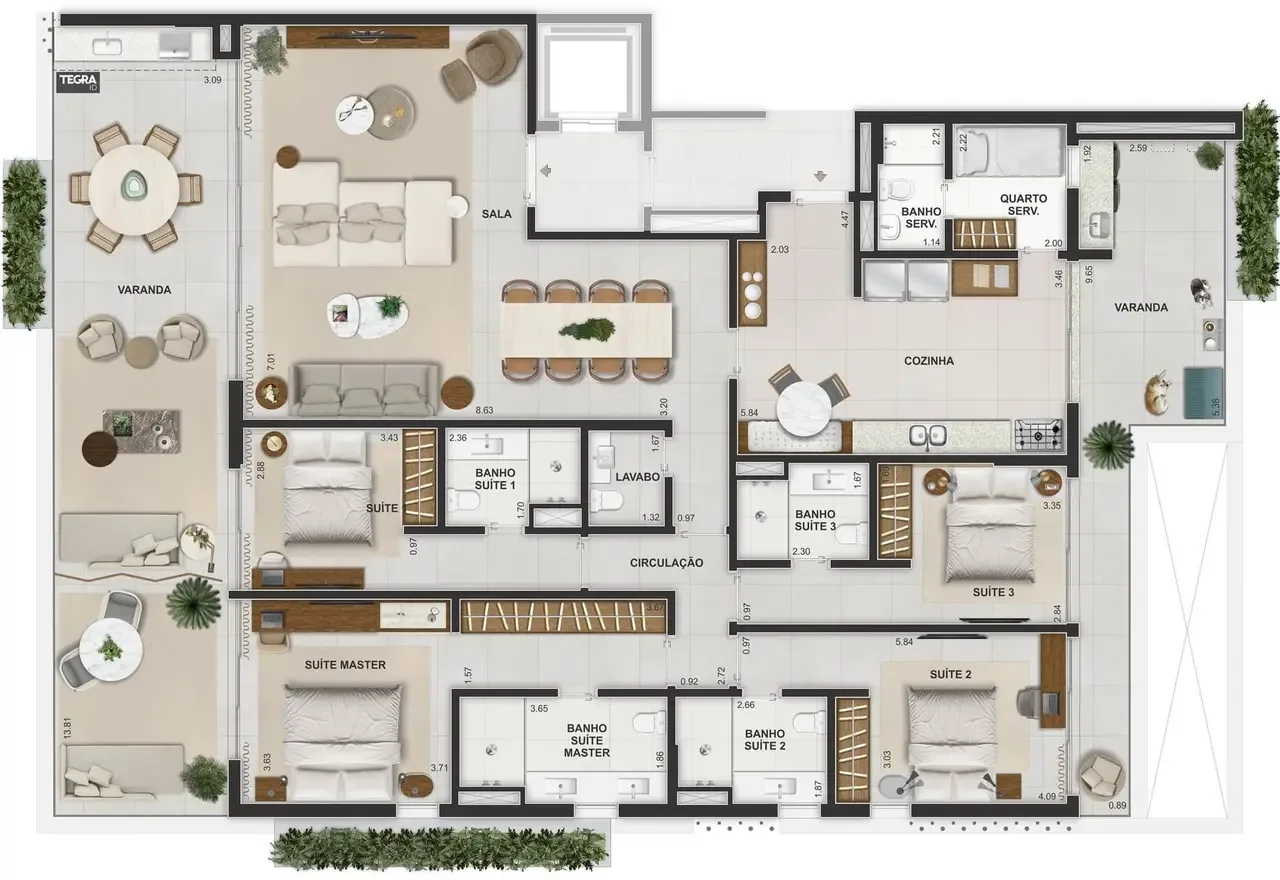 Planta de 5 suítes com 411,18 m²