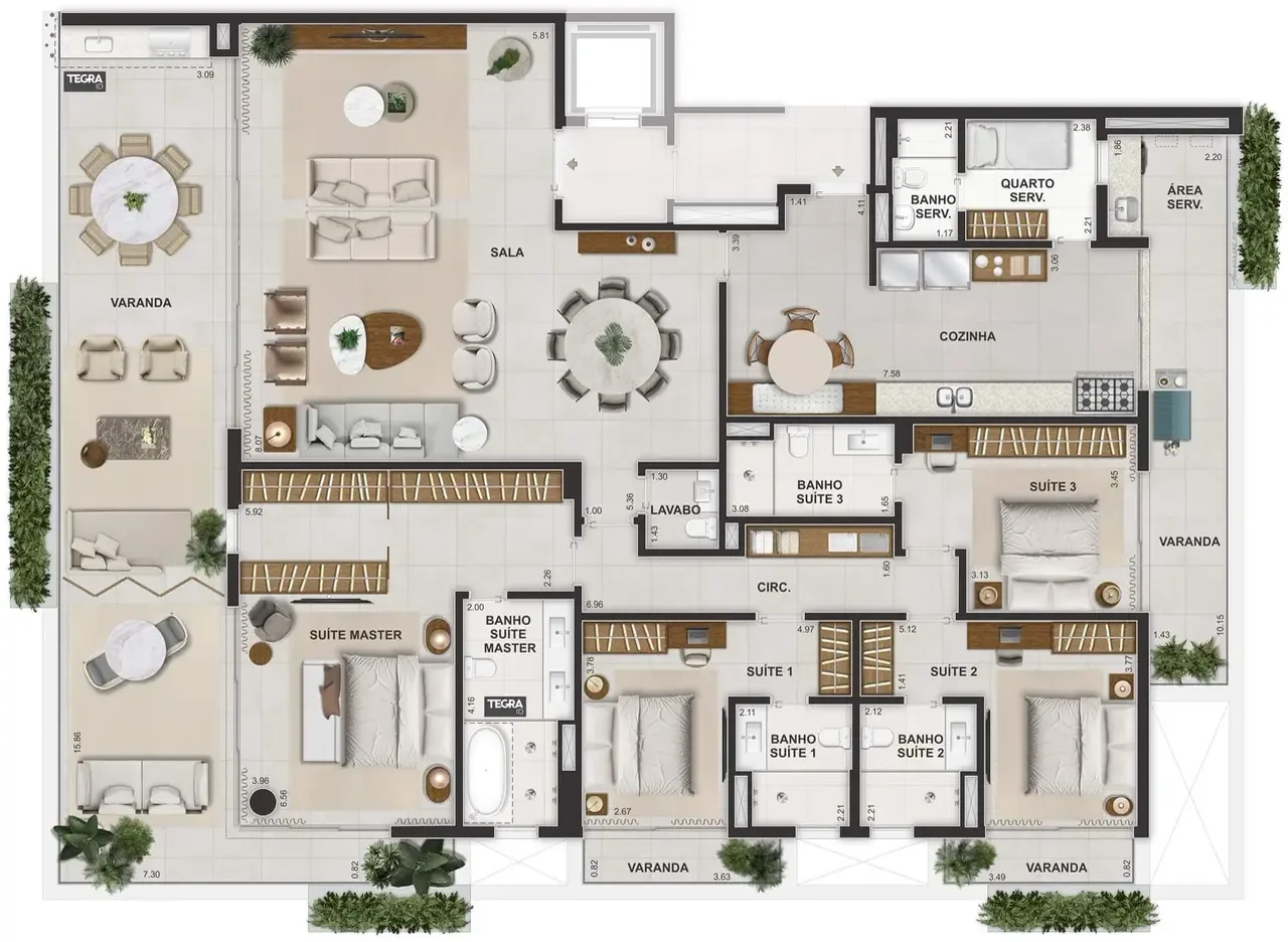 Planta de 4 suítes com 319,49 m²