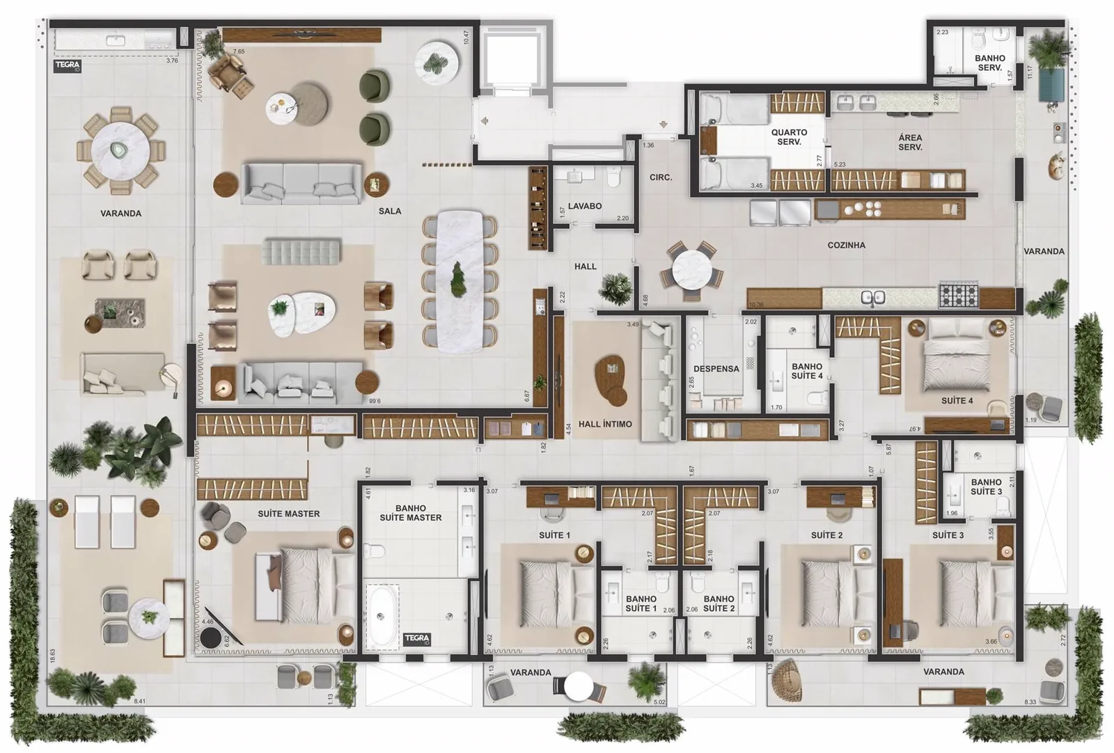 Planta de 5 suítes com 506,81 m²